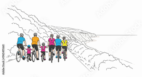 A family cycles along a scenic coastal path with rugged cliffs
