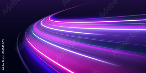 Neon purple curves twist through night city traffic environment. Light trails enhance speed perception and digital motion effect. Abstract PNG.