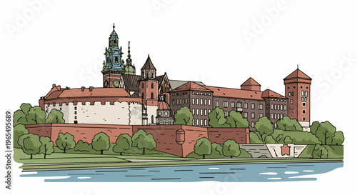 A vibrant, stylized illustration of a historical castle complex by a river