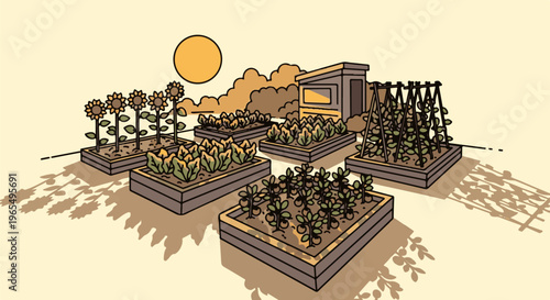 A charming cartoon-style garden with raised beds, sunflowers, and a small shed