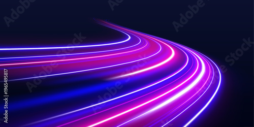 Purple glowing streaks travel through abstract city road. Motion blur creates depth and futuristic atmosphere effect. Clean vector.