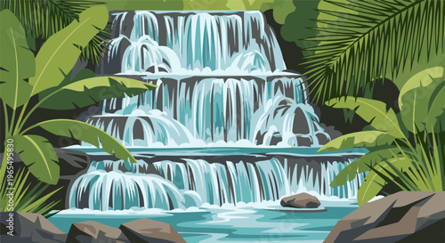 A lush tropical waterfall cascades down rocky layers, surrounded by vibrant green foliage