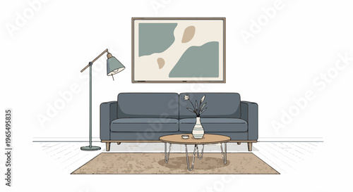 A minimalist living room features a gray sofa, floor lamp, abstract art, and coffee table