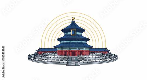 Blue and red traditional building with golden arcs above