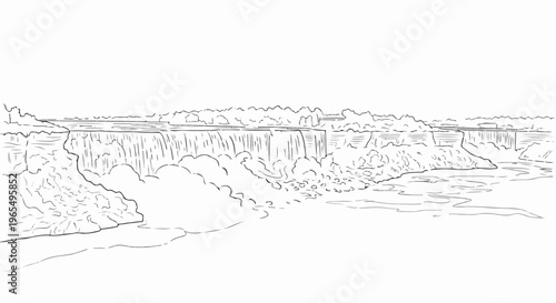 A panoramic sketch of a powerful waterfall cascading over a cliff into a river