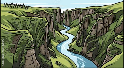 Winding river flows through lush green canyon with steep cliffs