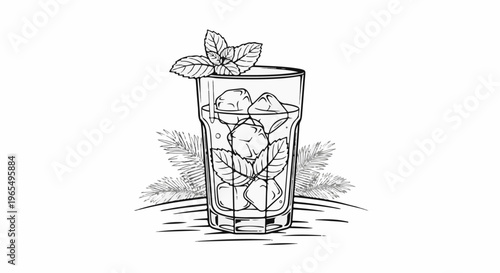 A refreshing ice-filled glass with mint sprigs and pine branches