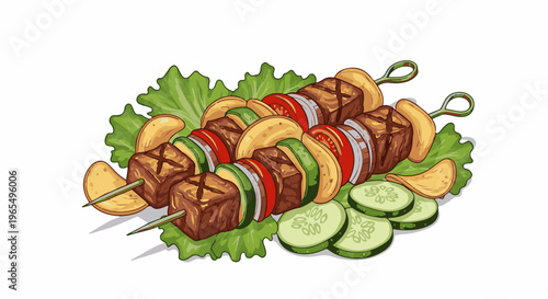 Two grilled meat skewers with vegetables and potato chips served on lettuce