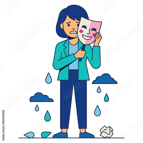 Woman holding two theatrical masks in a rainy scene with clouds