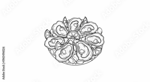 Circular platter of oysters with lemon slices and ice