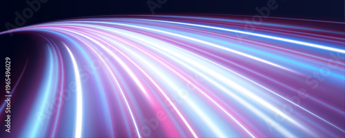 Violet and blue glowing waves cross dark highway surface. Motion blur builds fast energetic traffic illusion. Vector illustration.