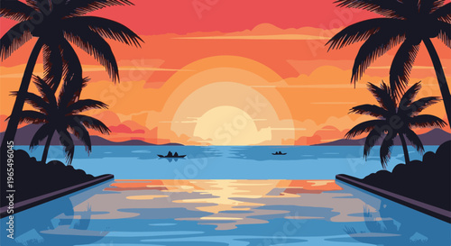 Tropical sunset over ocean with palm trees and small boats