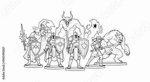 A group of fantasy characters including knights, a wizard, a bull-headed monster, and a werewolf