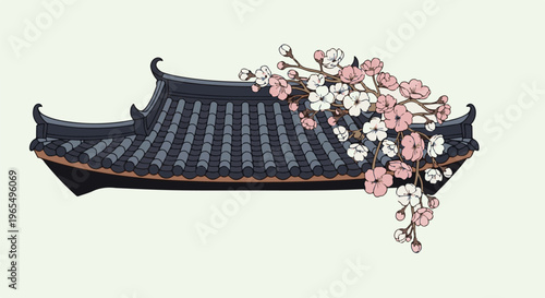 Traditional dark tiled roof with blooming cherry blossoms in pink and white