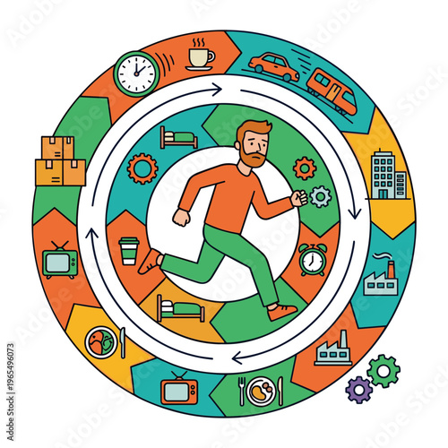 A man runs through a colorful circular diagram of industry icons.