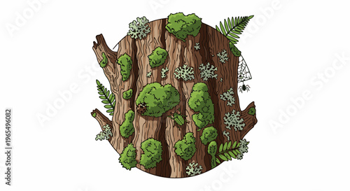 A close-up illustration of a moss-covered tree stump with ferns, lichen, and insects