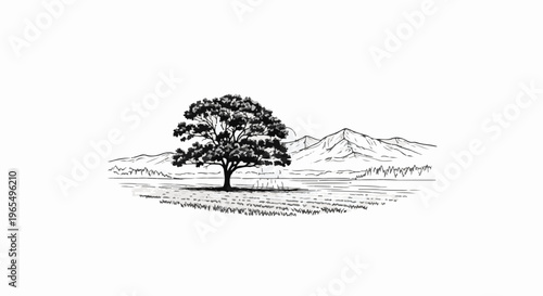 A lone tree stands by a calm lake with distant, majestic mountains in a sketch