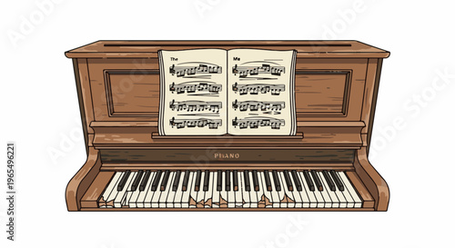 A worn, upright piano with sheet music and broken keys sits waiting for a song