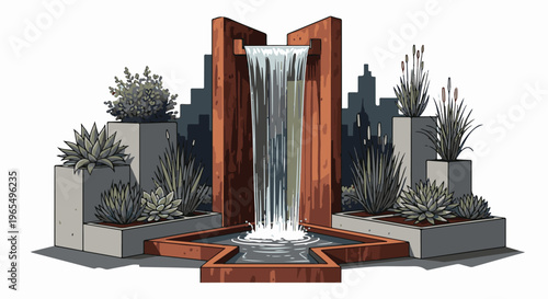 Stylized pixel art waterfall with modern planters and city silhouette