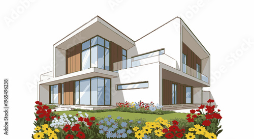 A modern architectural drawing of a white house with large windows and floral landscaping