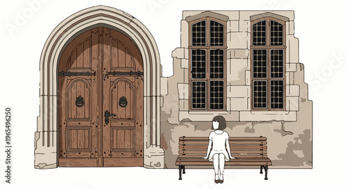 A person sits on a bench before an old ornate door and stone building