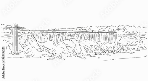 A panoramic sketch of a wide waterfall cascading over rocks with a bridge overhead