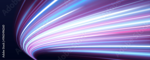 Neon multicolor light curves sweep across urban night highway. Motion blur enhances speed and flow sensation. Modern graphic.