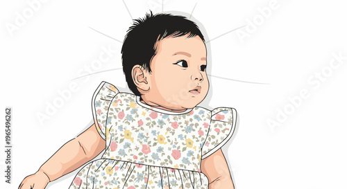An infant girl wearing a floral dress looks to the side