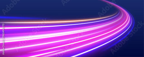 Purple glowing streaks flow through futuristic traffic road. Motion trails show acceleration and energy power. Vector scene.