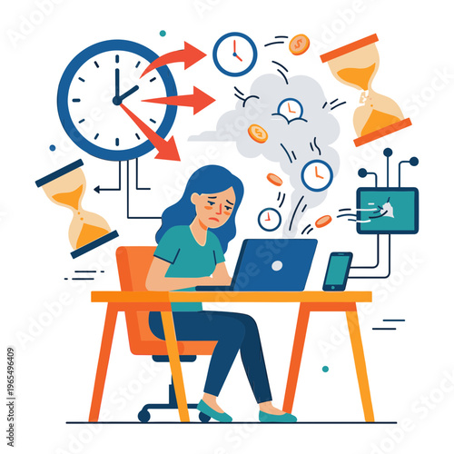 Woman works diligently on laptop amidst floating clocks and timers.