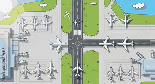 Aerial view of an airport with planes on runways and at gates
