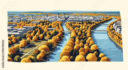 Aerial view of a city with a winding river and autumn foliage