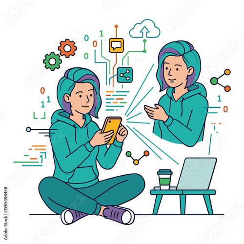 Two women interact with devices and technology illustrations around them