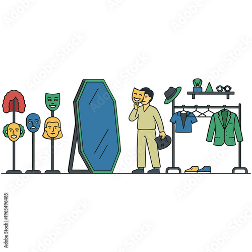 Man tries on clothes and accessories in front of a mirror indoors.