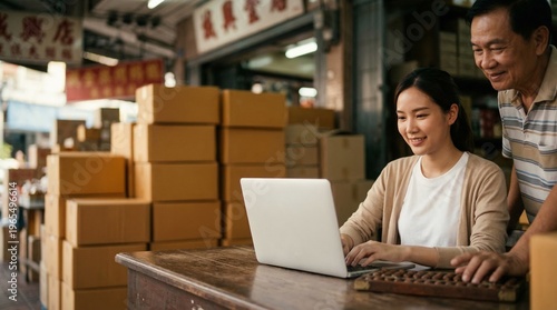Smart Thai-Chinese Daughter Managing Wholesale Accounting on Blank Laptop with Blurred Proud Father and Copy Space