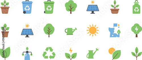 Sustainable Environment and Renewable Energy Icon Set with Recycling Bins Solar Panels Trees Plants Water Conservation and Eco Friendly Nature Symbols