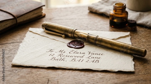 Vintage fountain pen resting on addressed parchment letter with wax seal  
