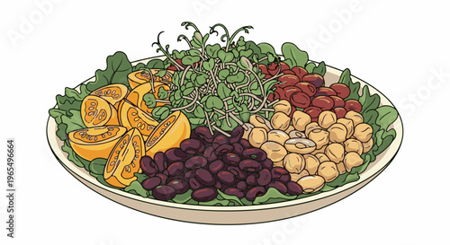 Colorful salad bowl brimming with fresh vegetables, beans, and sprouts