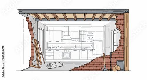 Construction in progress of a kitchen, showing exposed brickwork and beams