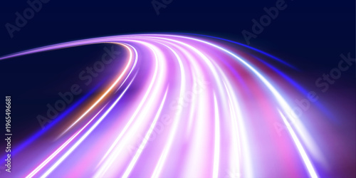 Glowing purple light trails curve across digital space. Energy waves form smooth futuristic movement flow. Clean vector artwork.