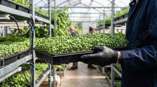 Person holding tray of microgreens in greenhouse with shelves  