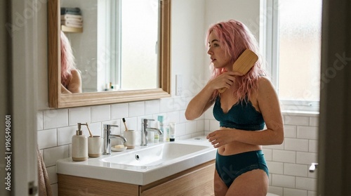 Young woman brushing her hair while standing in a bathroom  