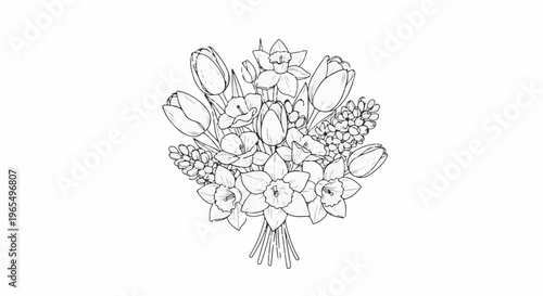 Sketch of a floral arrangement with tulips, daffodils, and hyacinths
