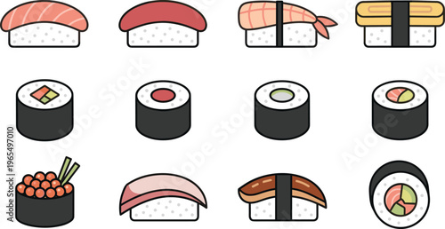 Sushi Icon Set with Nigiri Maki Rolls Salmon Tuna Shrimp and Japanese Food Symbols for Restaurant Menu Asian Cuisine Design