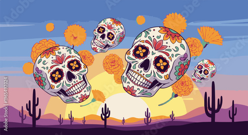 Decorated skulls float above a desert landscape at sunset