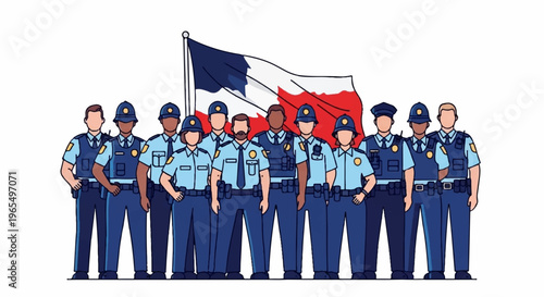 Police officers standing in line with french flag waving behind them law enforcement team in blue uniforms public safety concept
