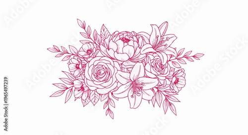 Delicate sketch of pink roses, lilies, and peonies with leaves