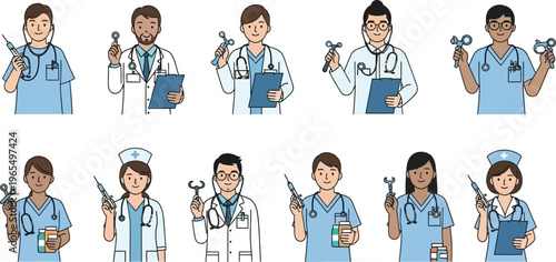 Medical practitioners and nurses hold syringes, stethoscopes,.