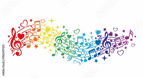 Colorful musical notes and hearts flow across a white background in a vibrant wave
