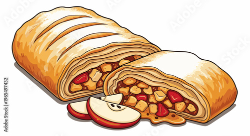 Delicious apple strudel pastry with sliced apples, dusted with powdered sugar